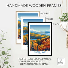 Finger Lakes Wall Art Print - New York displayed in handmade wooden frames in natural, white, and black finishes.