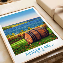 Finger Lakes Wall Art Print depicting a scenic view of a vineyard and barrel by the lake in New York.