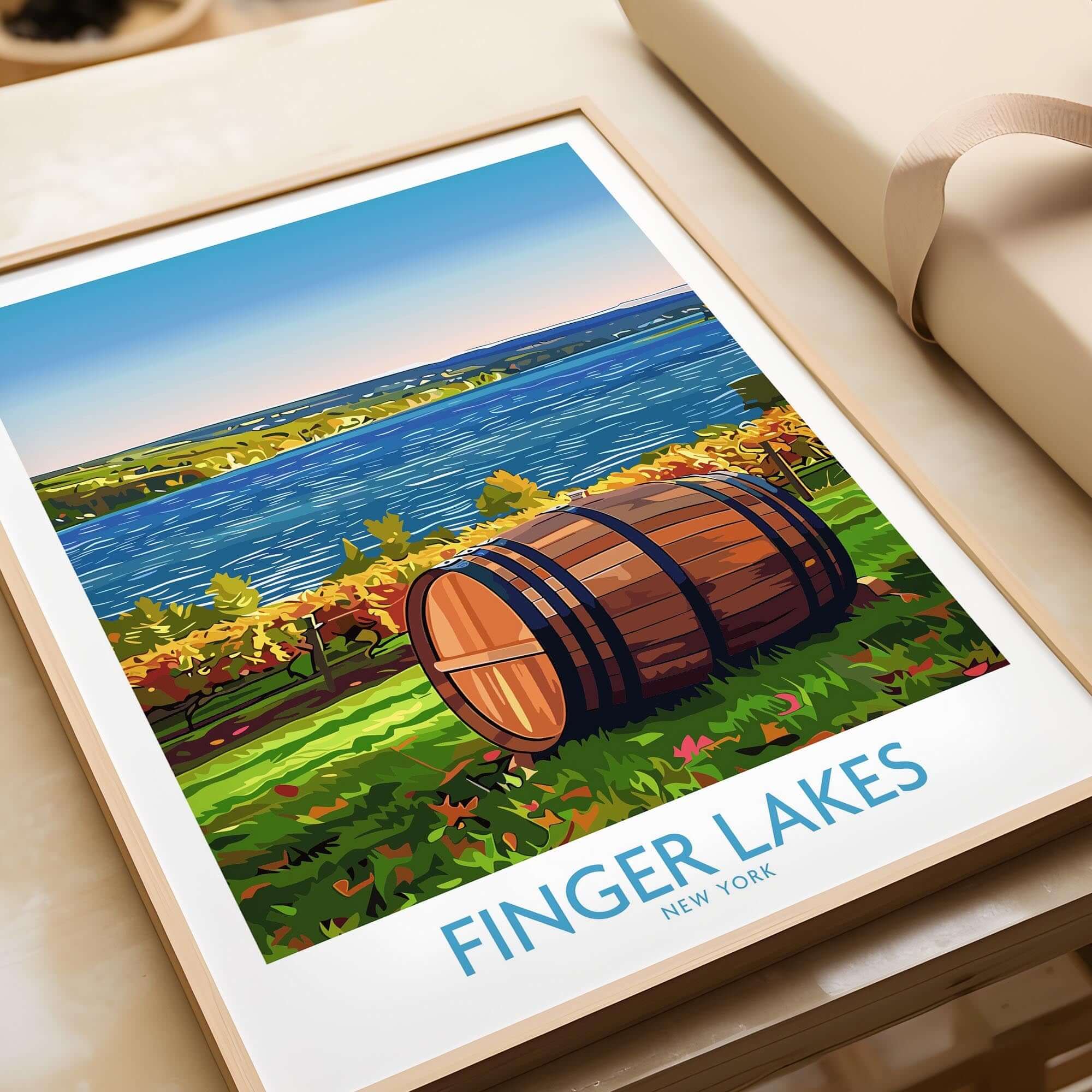 Finger Lakes Wall Art Print depicting a scenic view of a vineyard and barrel by the lake in New York.