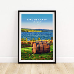 Finger Lakes Wall Art featuring a scenic view with a barrel and lake in New York's serene landscape.