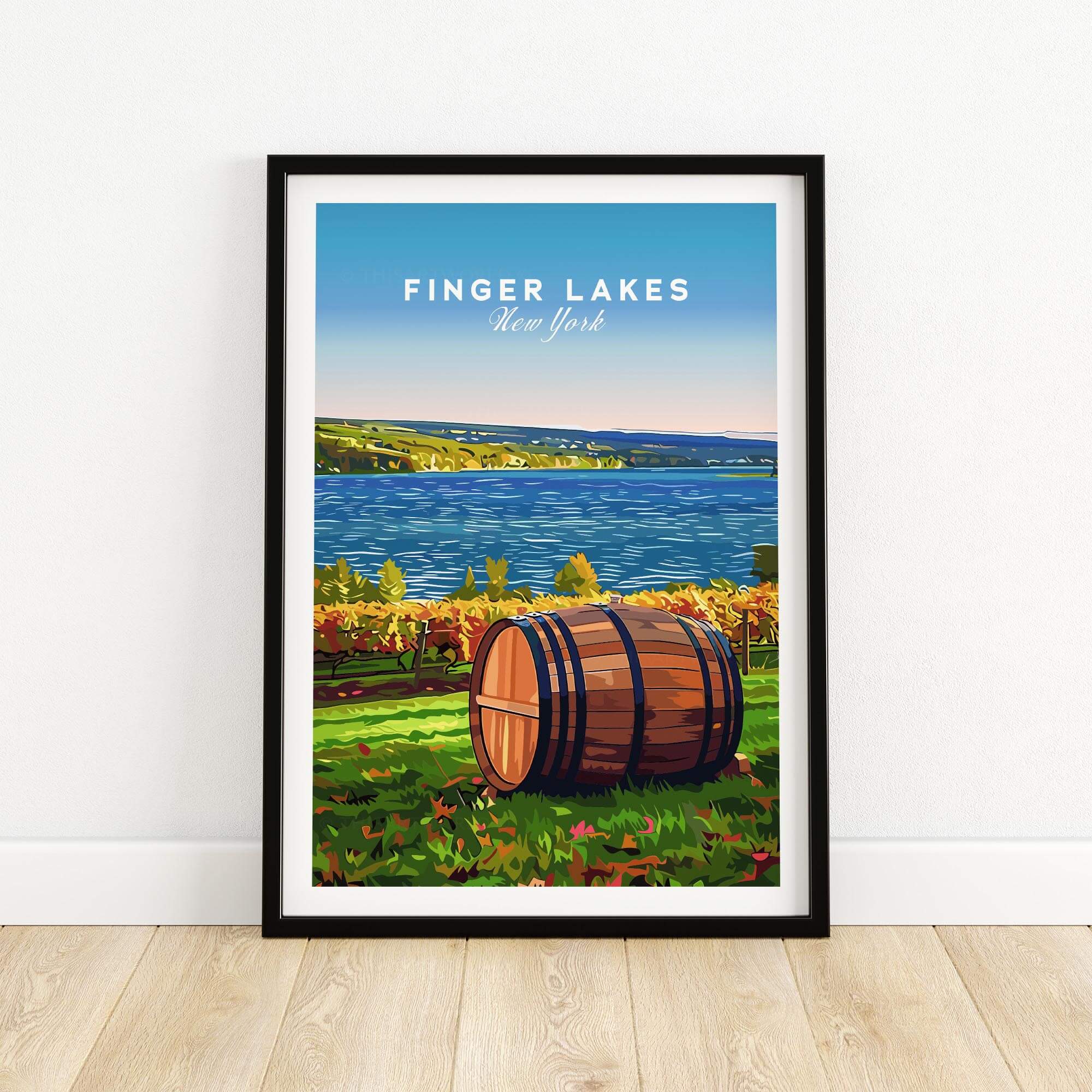 Finger Lakes Wall Art featuring a scenic view with a barrel and lake in New York's serene landscape.