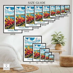 Size guide for Finger Lakes Wine Region Art Print showcasing various frame sizes and vibrant vineyard colors.