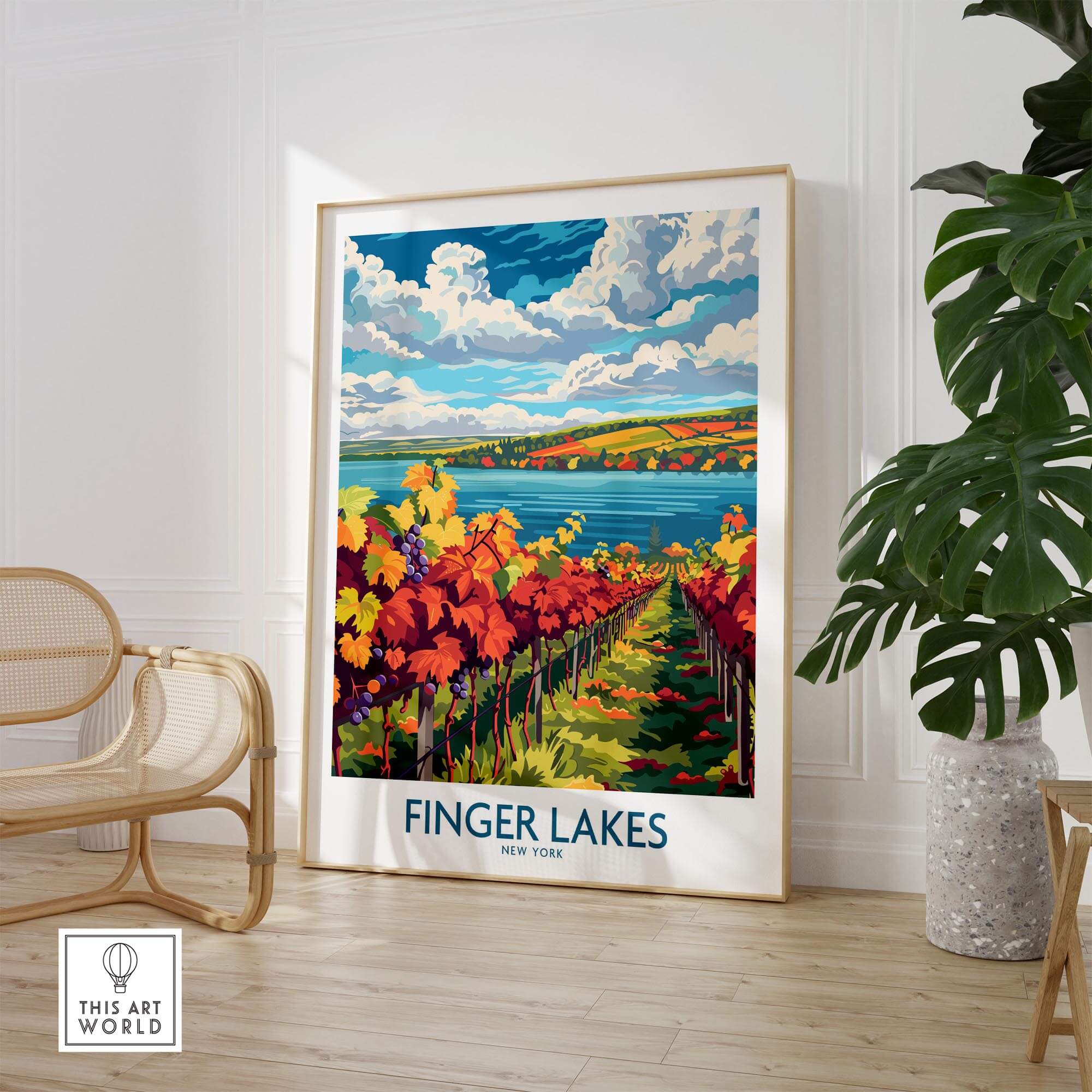 Finger Lakes Wine Region Art Print showcasing vibrant vineyards and scenic landscapes in New York.