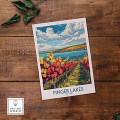 Finger Lakes Wine Region Art Print showcasing colorful vineyards and a scenic lake view.