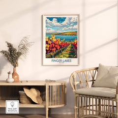 Finger Lakes Wine Region Art Print displayed in a stylish room with vibrant vineyard colors and scenic lake views.