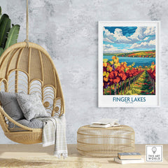 Finger Lakes Wine Region Art Print featuring vibrant vineyards and scenic landscape decor in modern home interior.