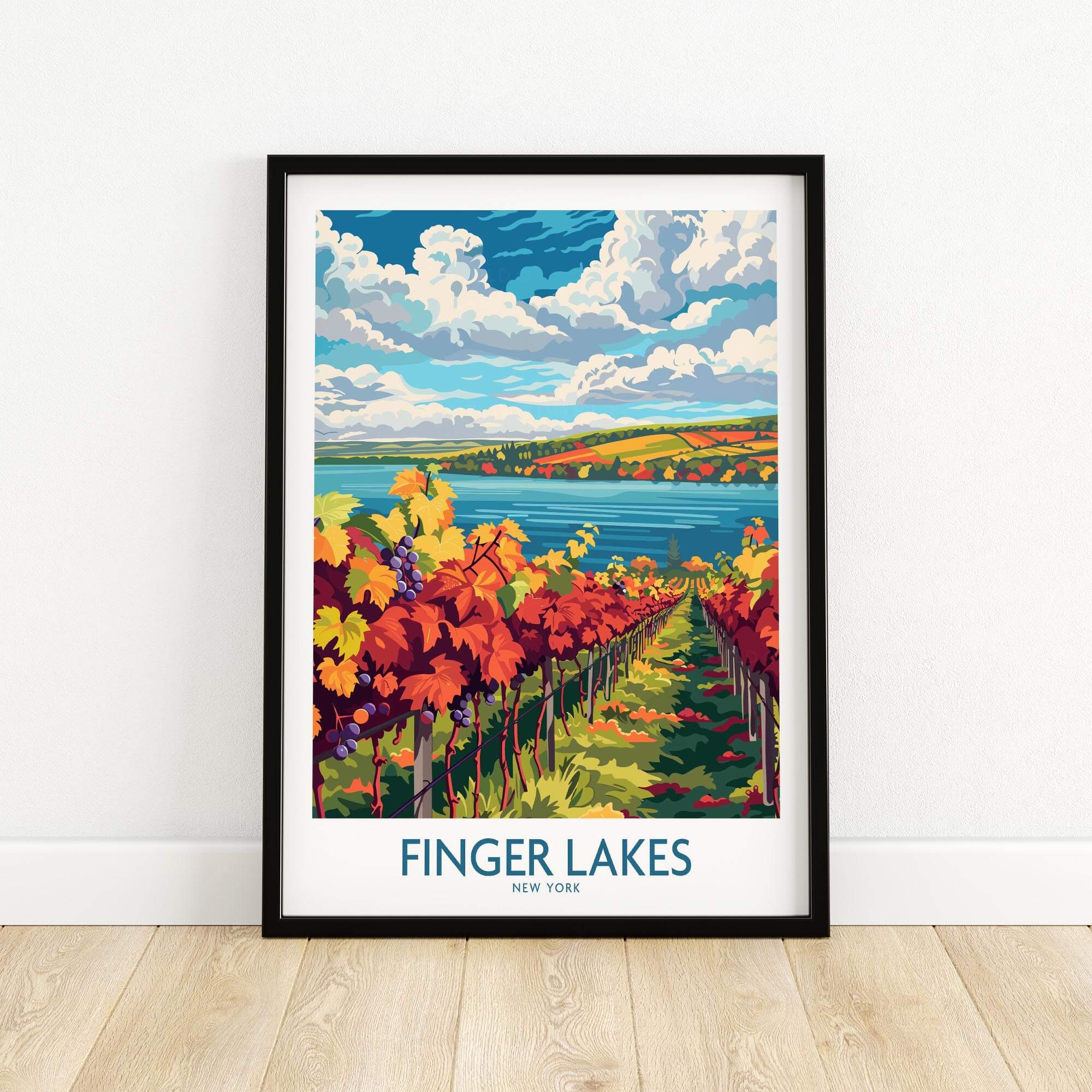 Finger Lakes Wine Region Art Print showcasing vibrant vineyards and scenic views of the Finger Lakes.