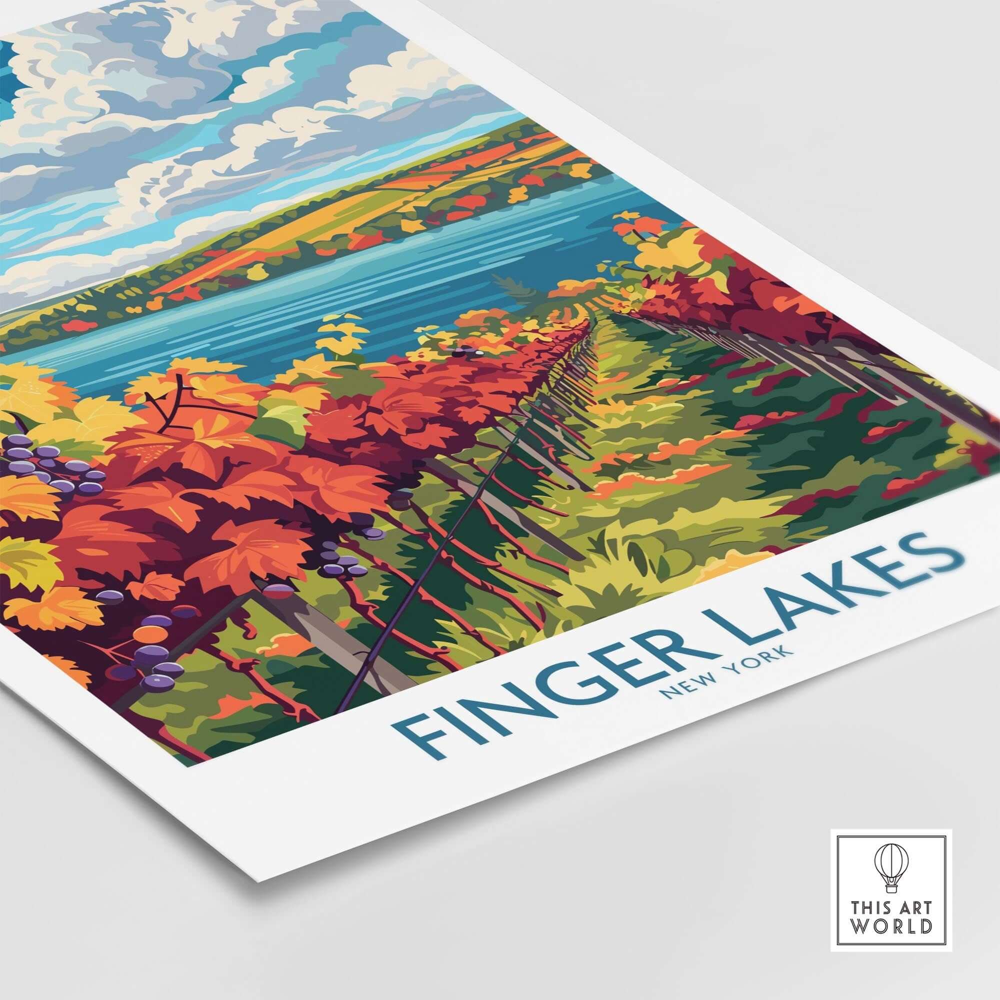 Finger Lakes Wine Region Art Print showcasing vibrant vineyards and scenic landscape in New York.