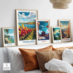 Finger Lakes Wine Region Art Print displayed among travel art prints, highlighting vibrant landscapes and colors.