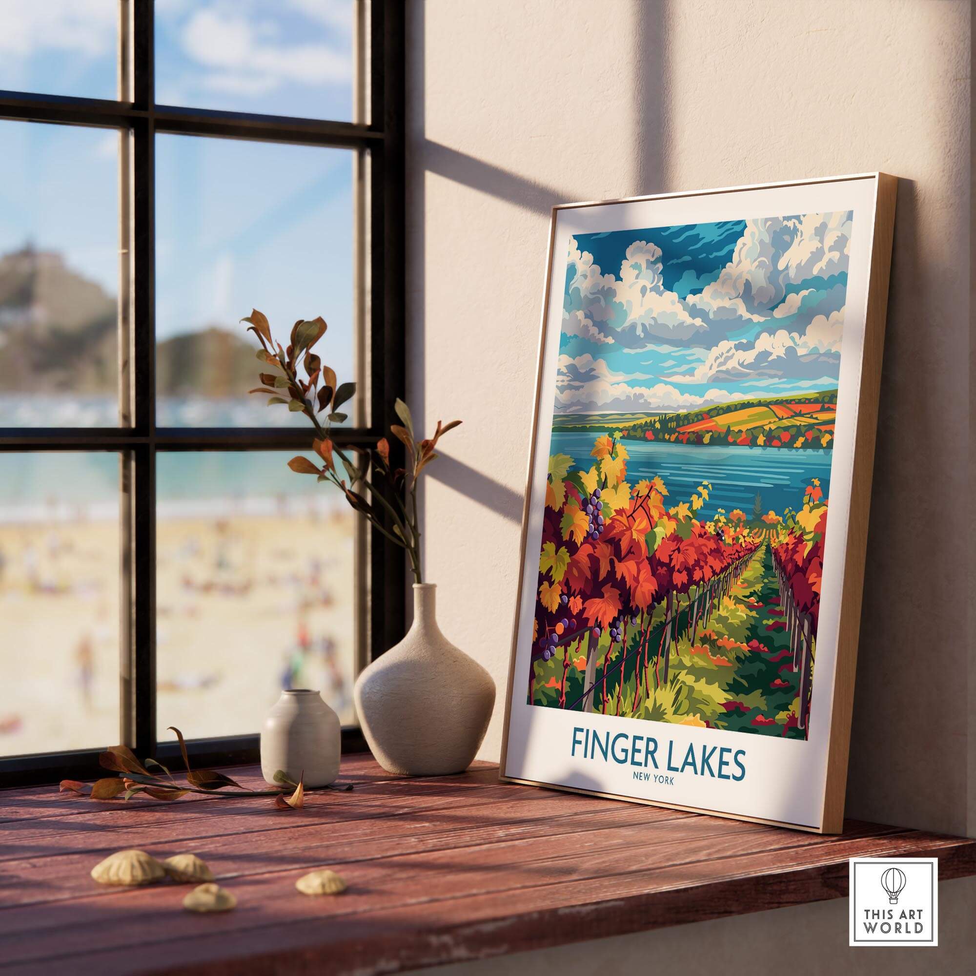 Finger Lakes Wine Region Art Print featuring vineyards and vibrant colors, perfect for wine lovers and travelers.
