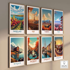 Finger Lakes Wine Region Art Print showcased among iconic global city art prints on a stylish gallery wall.