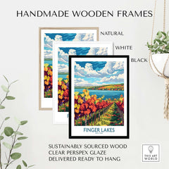 Finger Lakes Wine Region Art Print framed in natural, white, and black handmade wooden frames.