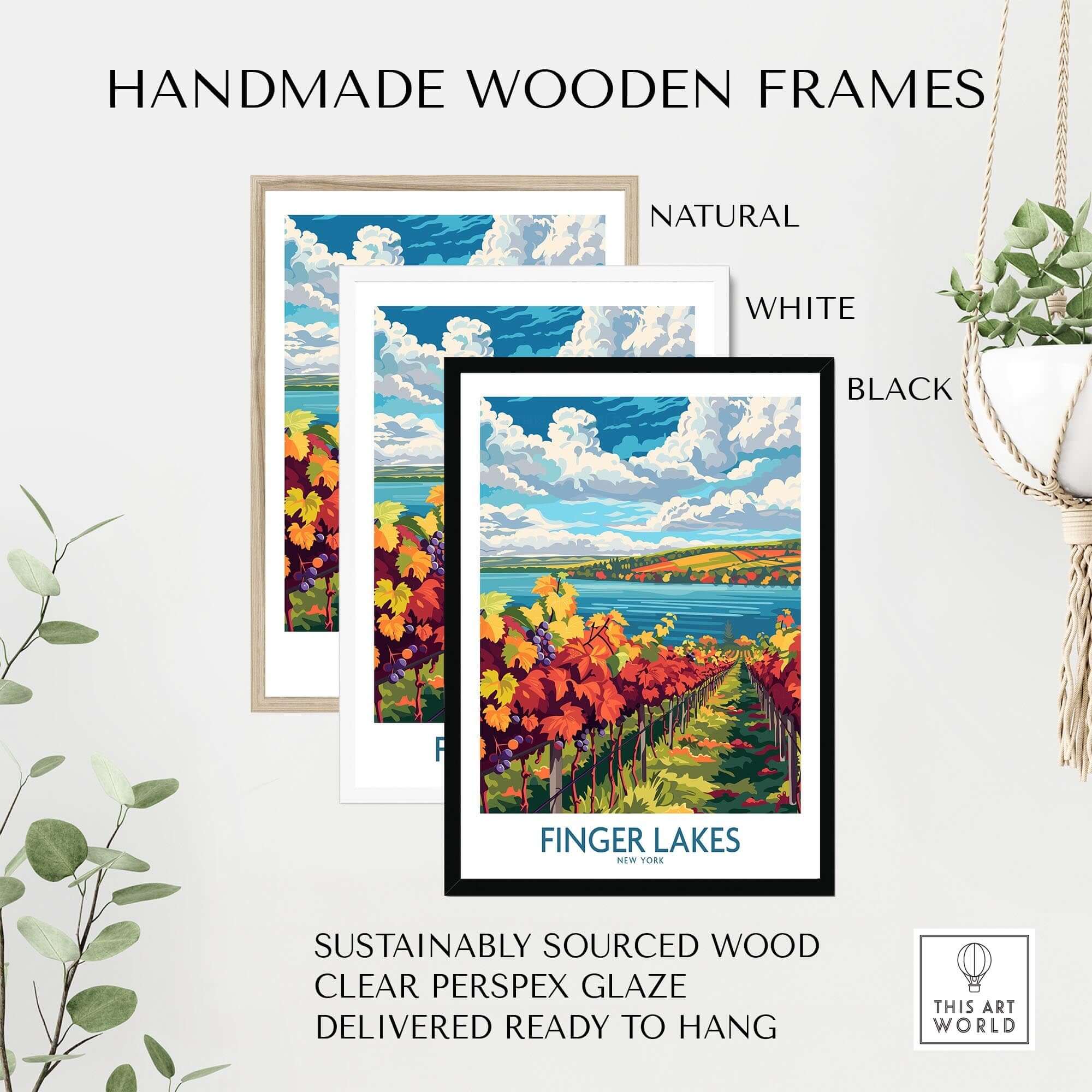 Finger Lakes Wine Region Art Print framed in natural, white, and black handmade wooden frames.
