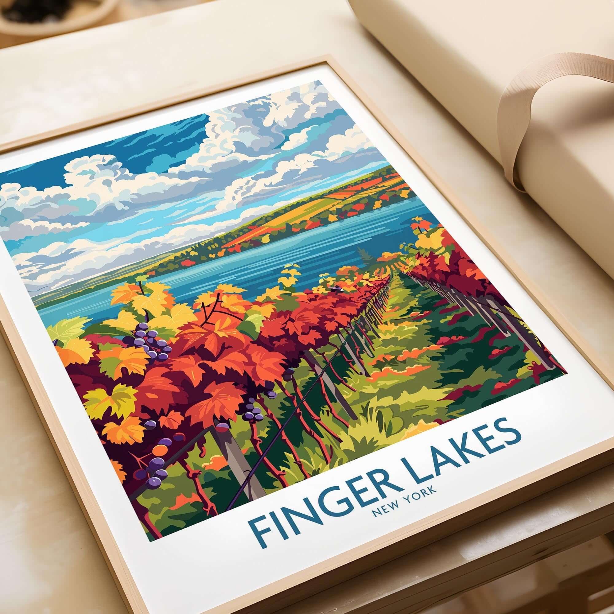 Finger Lakes Wine Region Art Print showcasing vibrant vineyards and scenic landscapes of the Finger Lakes in New York.