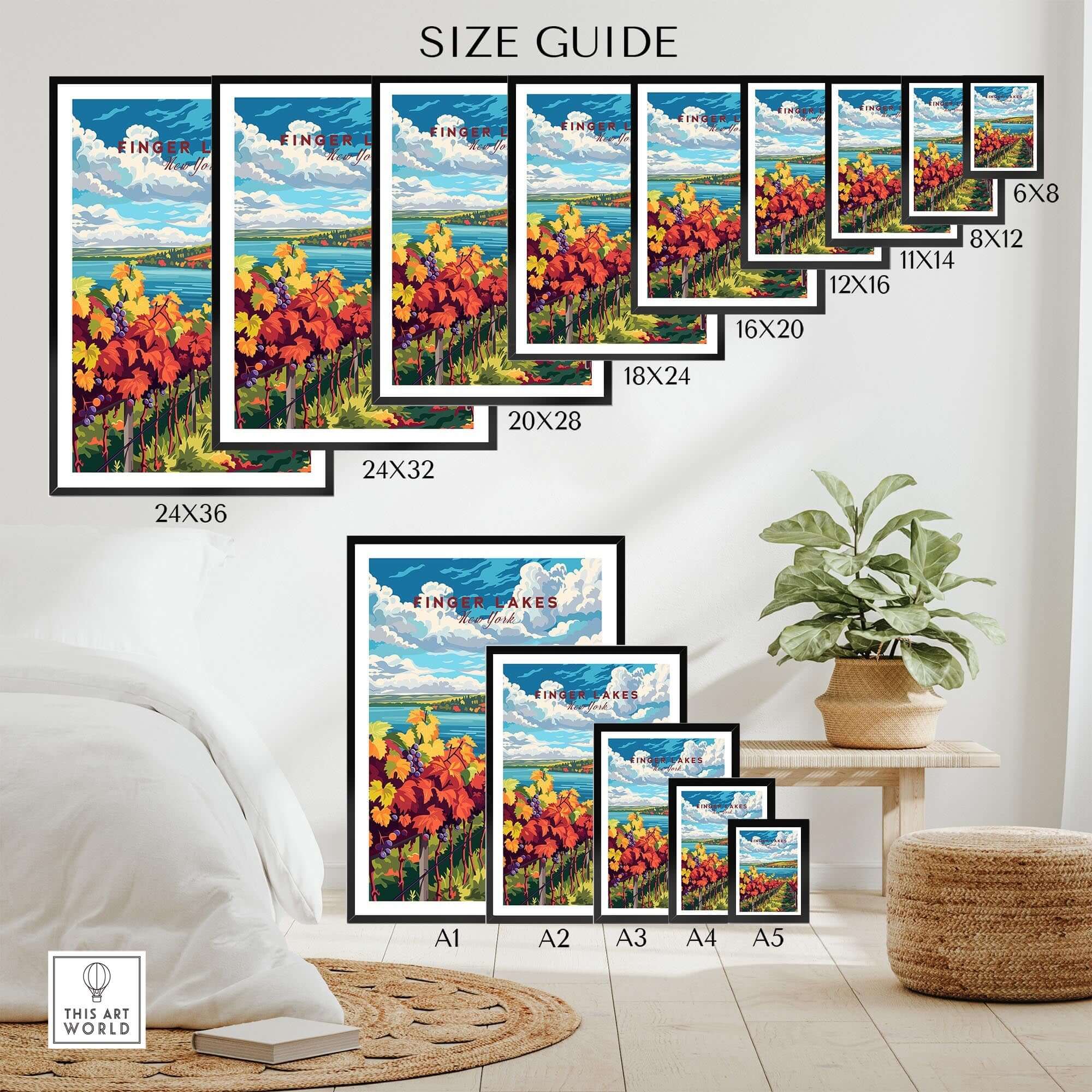 Finger Lakes Wine Region Poster size guide showing various frame sizes and dimensions for art prints.