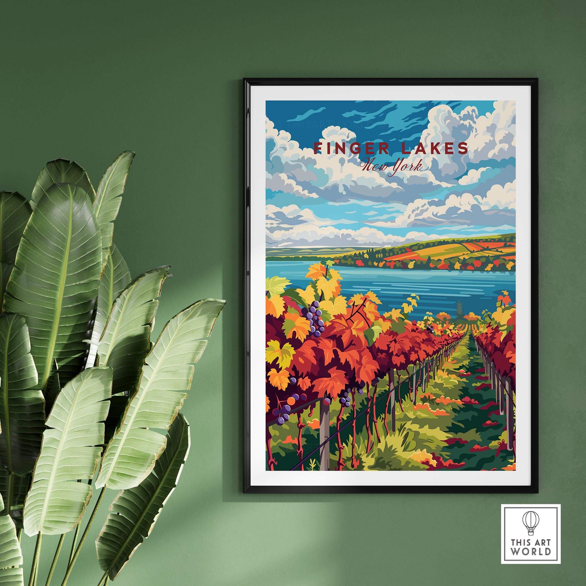 Finger Lakes Wine Region Poster showcasing vibrant vineyards and scenic landscapes, perfect for wine lovers and travelers.
