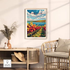 Finger Lakes Wine Region Poster displayed in a stylish living room with vibrant vineyard colors.