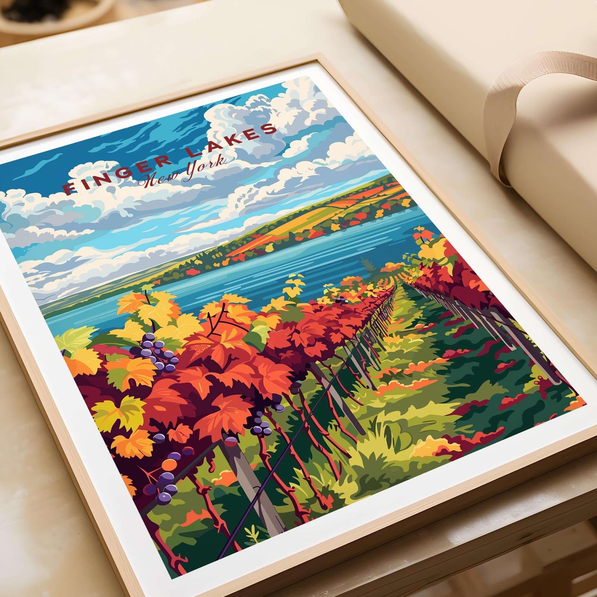 Finger Lakes Wine Region Poster showcasing vibrant vineyards and scenic lake views in New York.