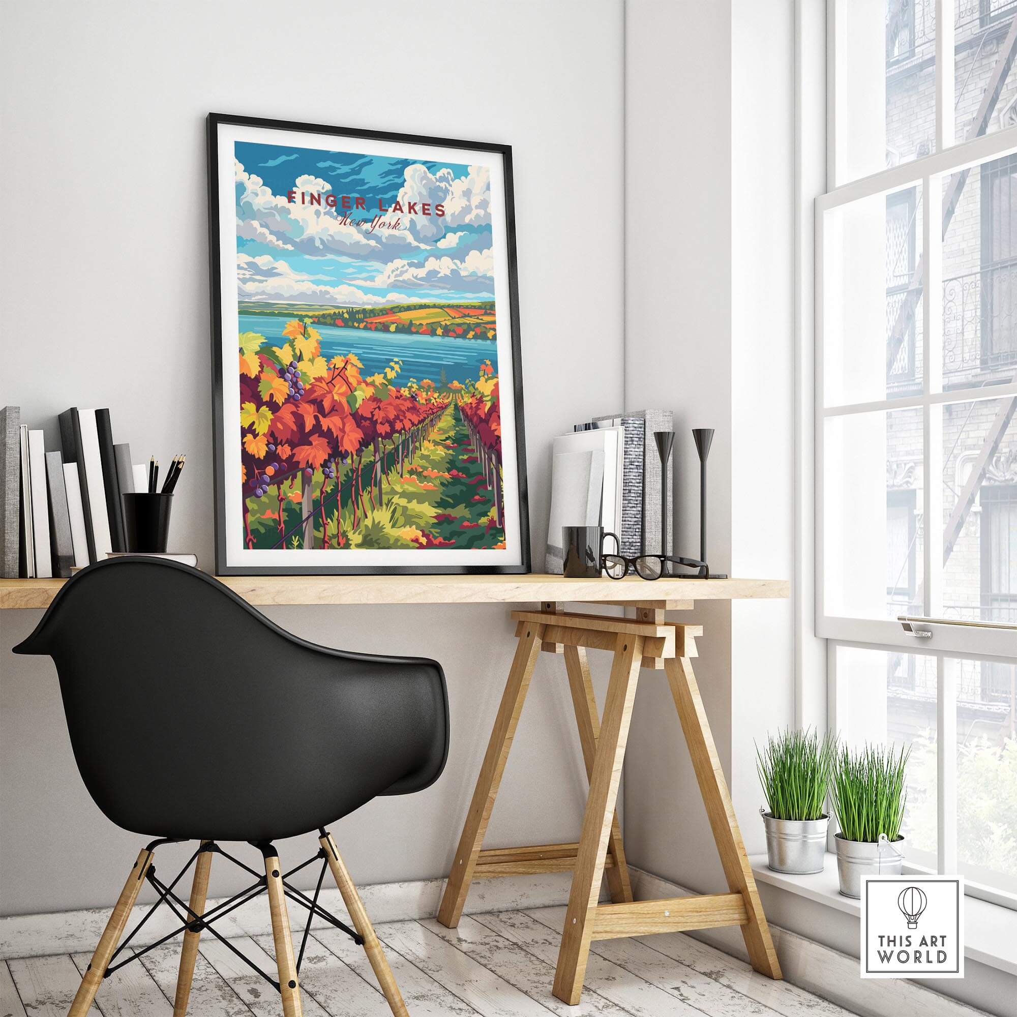 Finger Lakes Wine Region Poster displayed in a stylish home office with vibrant colors and scenic vineyards.