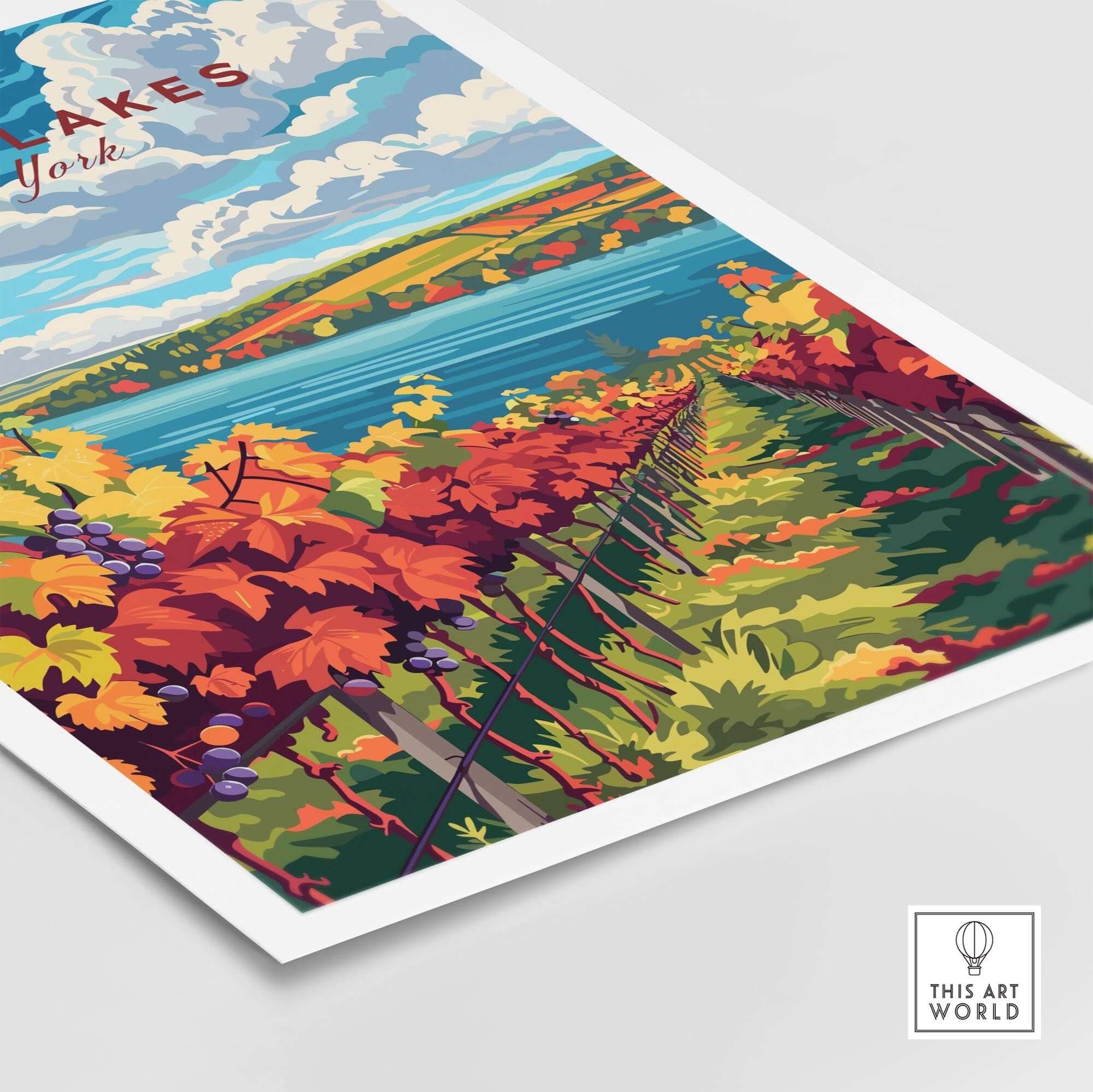 Finger Lakes Wine Region Poster showcasing vibrant vineyards and scenic lake views in autumn colors.