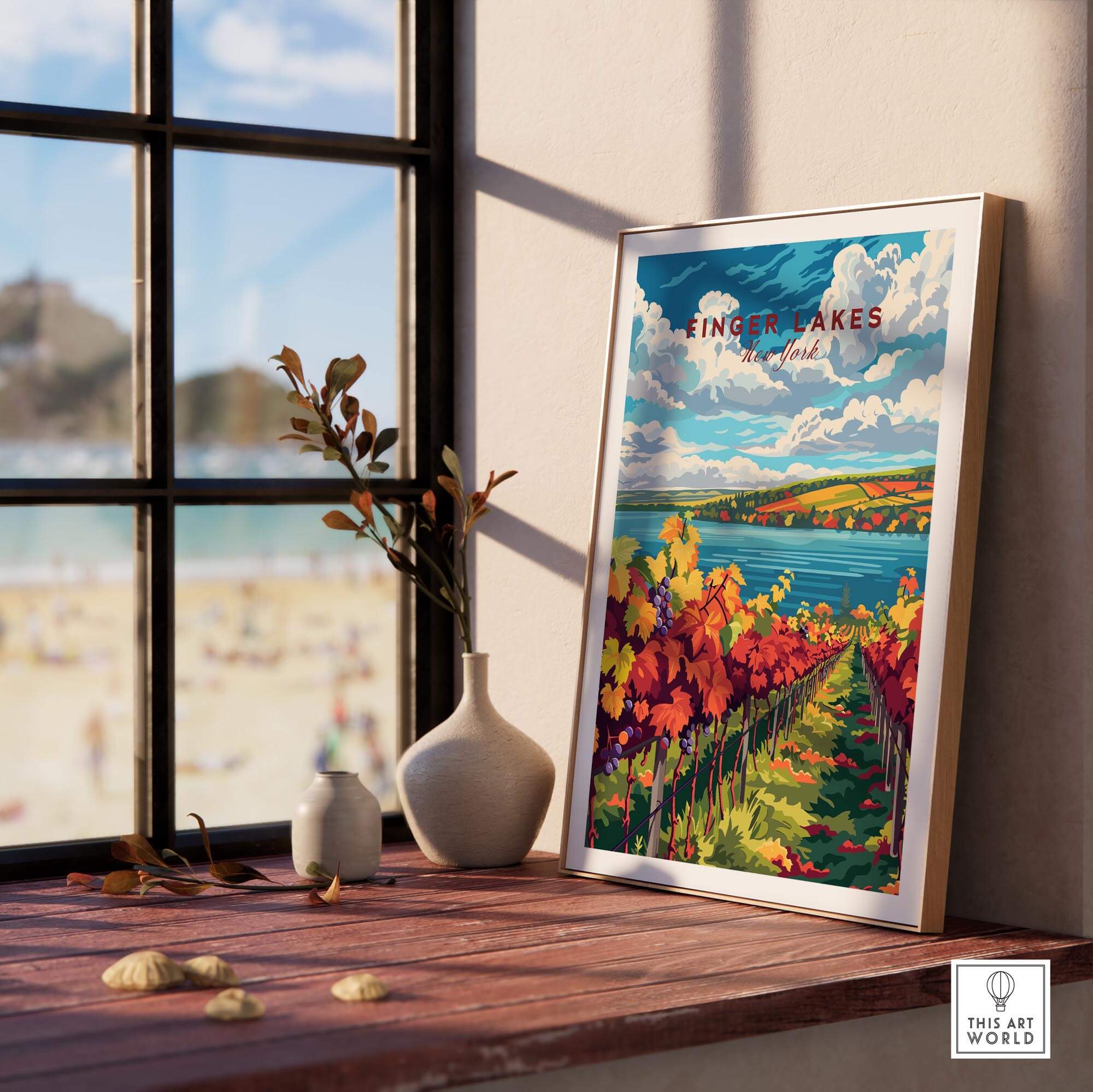 Finger Lakes Wine Region Poster displayed on a windowsill with a scenic view.