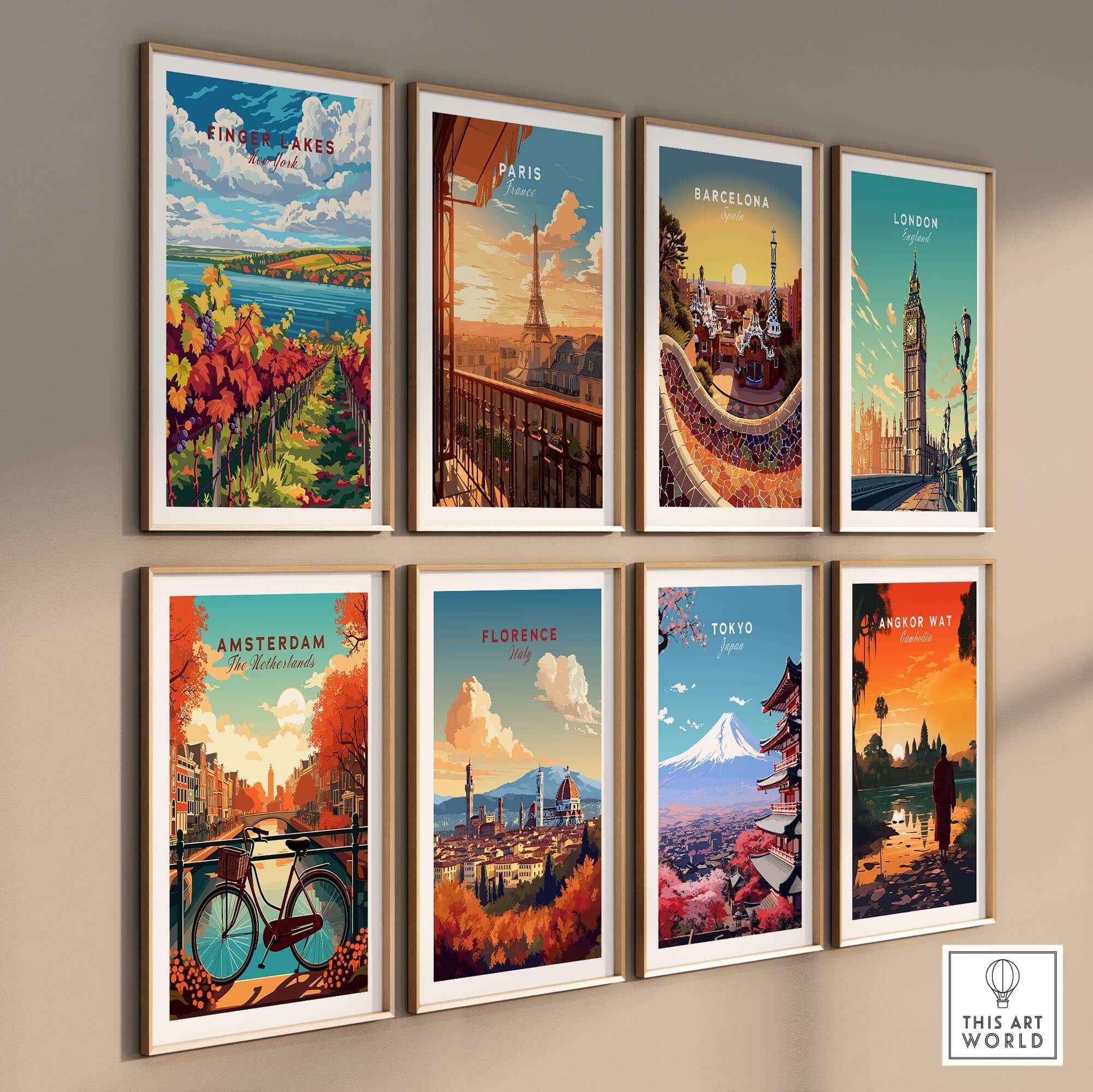 Finger Lakes Wine Region Poster along with other travel posters on a wall showcasing vibrant designs and landmarks.