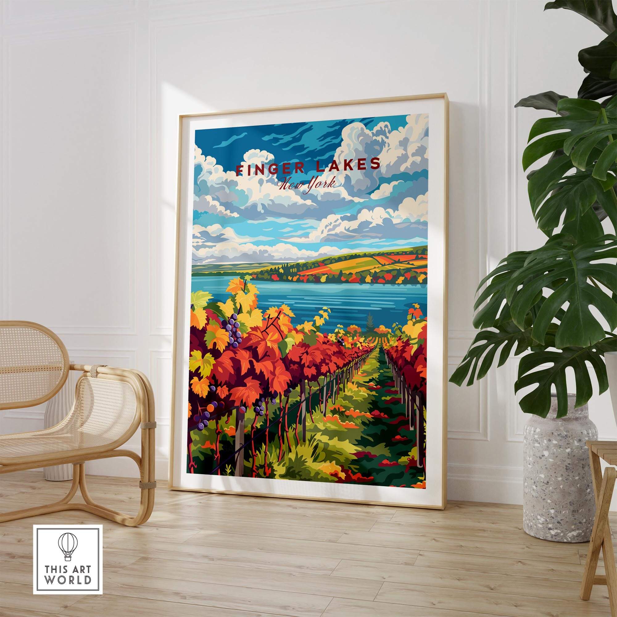 Finger Lakes Wine Region Poster showcasing vibrant vineyards and landscapes in a stylish interior setting.