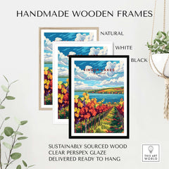 Finger Lakes Wine Region Poster displayed in handmade wooden frames in natural, white, and black colors.