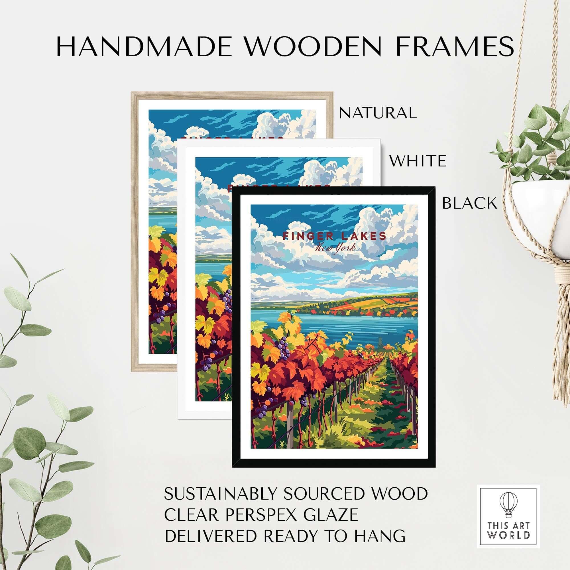 Finger Lakes Wine Region Poster displayed in handmade wooden frames in natural, white, and black colors.