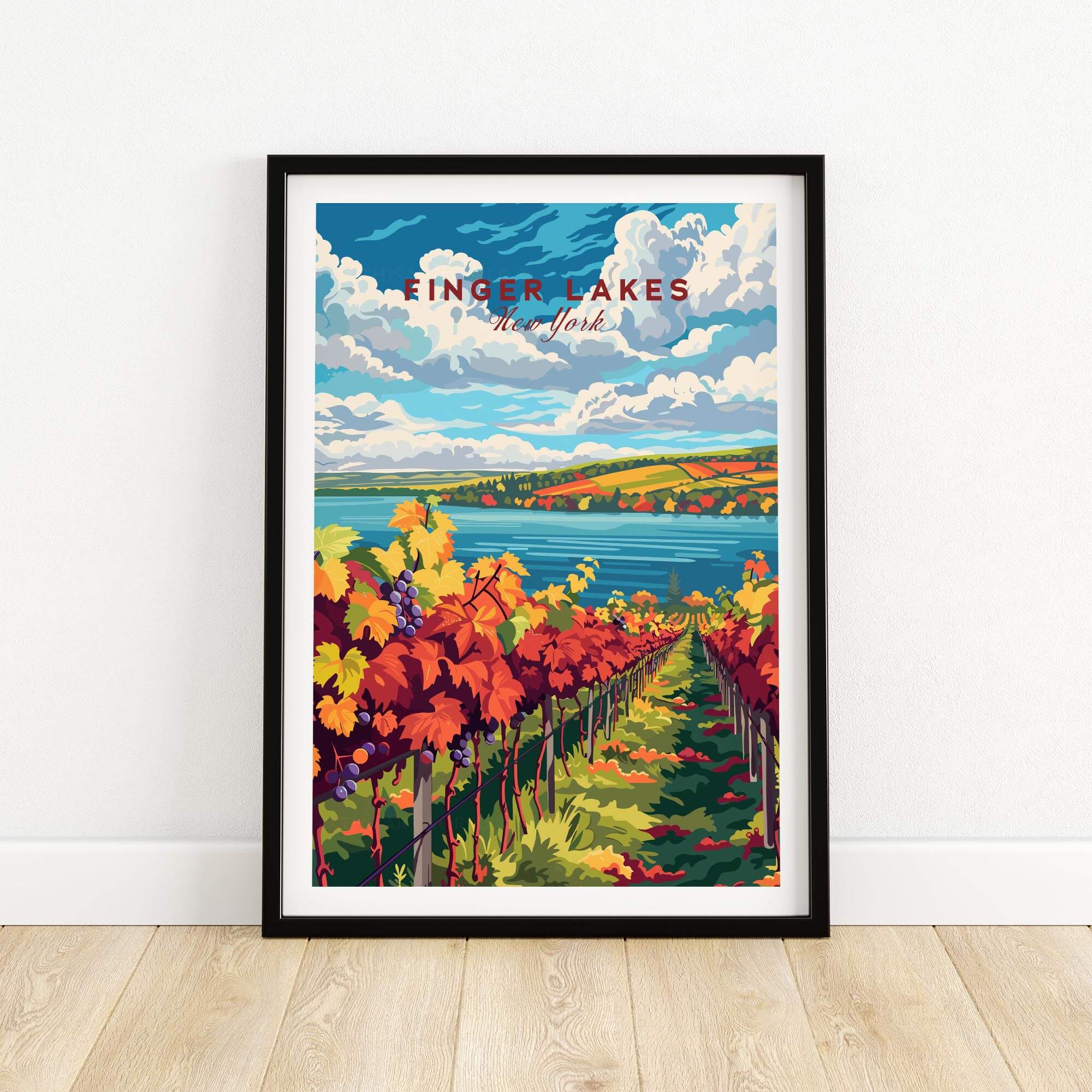 Finger Lakes Wine Region Poster showcasing vibrant vineyards and scenic views in rich colors.