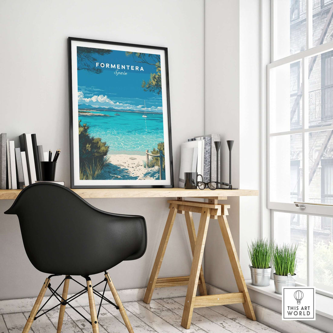 Formentera Balearic Clear Sea Landscape Print | Coastal Home Wall Art displayed in a modern workspace.