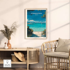 Formentera Balearic Clear Sea Landscape Print | Coastal Home Wall Art displayed in a modern coastal living room.