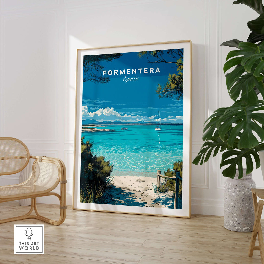 Formentera Balearic Clear Sea Landscape Print | Coastal Home Wall Art displayed in a stylish living room.