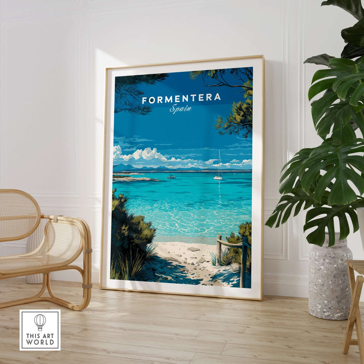 Formentera Balearic Clear Sea Landscape Print | Coastal Home Wall Art displayed in a stylish living room.