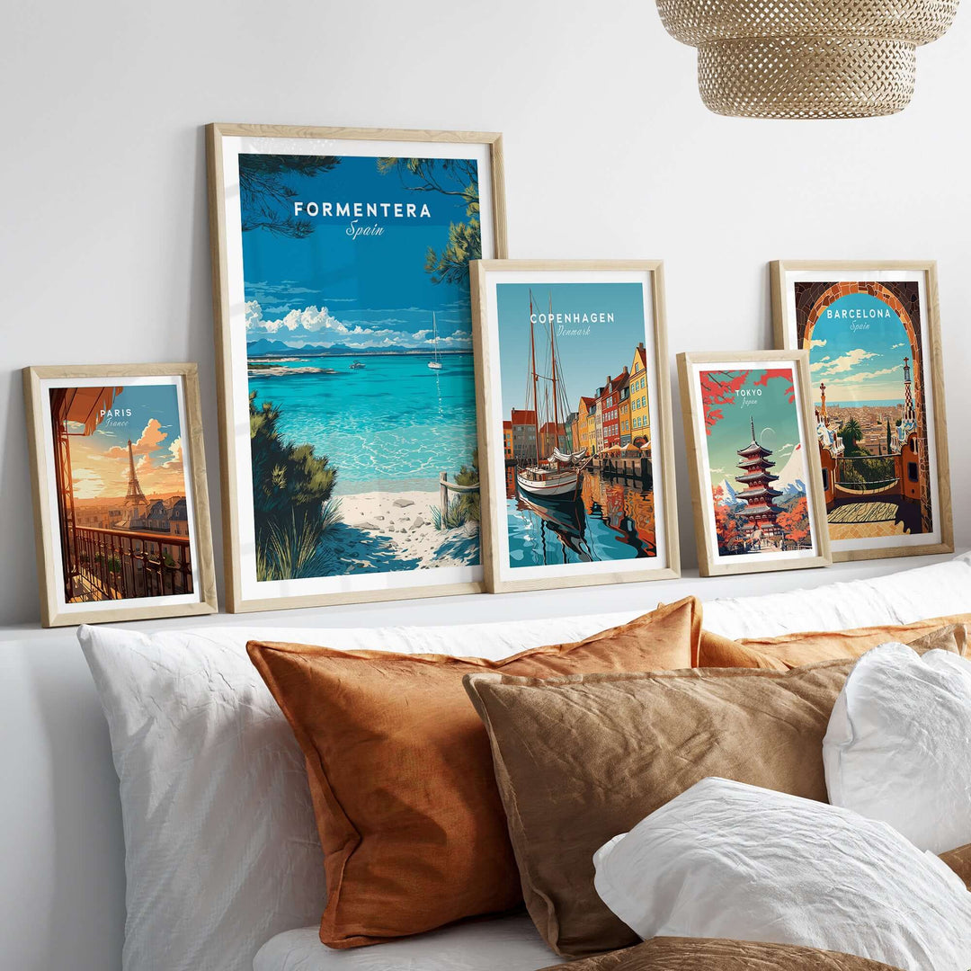 Formentera Balearic Clear Sea Landscape Print | Coastal Home Wall Art displayed on a bed with decorative pillows.