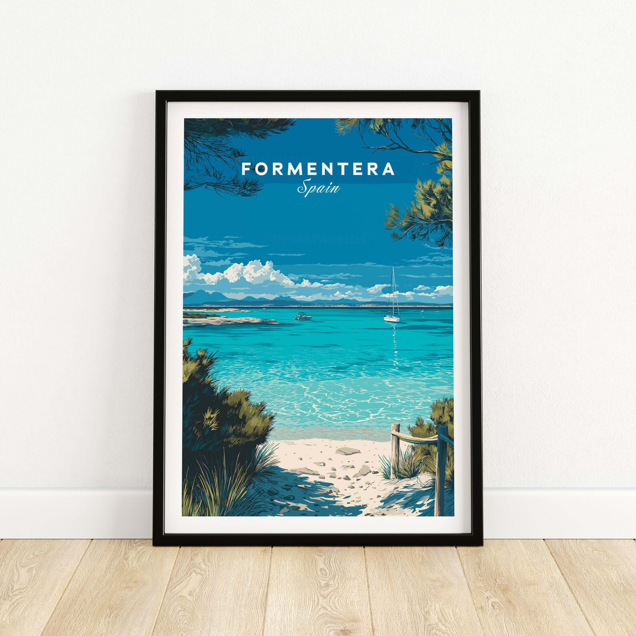 Formentera Balearic Clear Sea Landscape Print | Coastal Home Wall Art showcasing a serene beach scene in Spain.