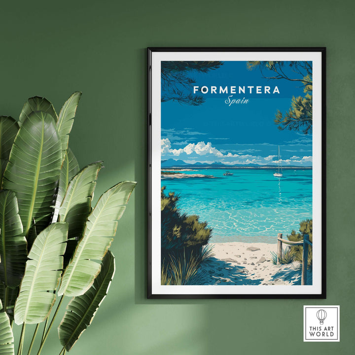 Formentera Balearic Clear Sea Landscape Print | Coastal Home Wall Art hanging on a green wall with tropical plants.