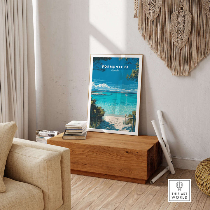 Formentera Balearic Clear Sea Landscape Print | Coastal Home Wall Art displayed in a cozy living room setting.