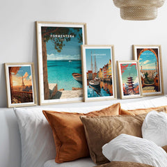 Formentera Balearic Island Seascape Print | Tranquil Coastal Decor displayed on wall above cozy sofa.