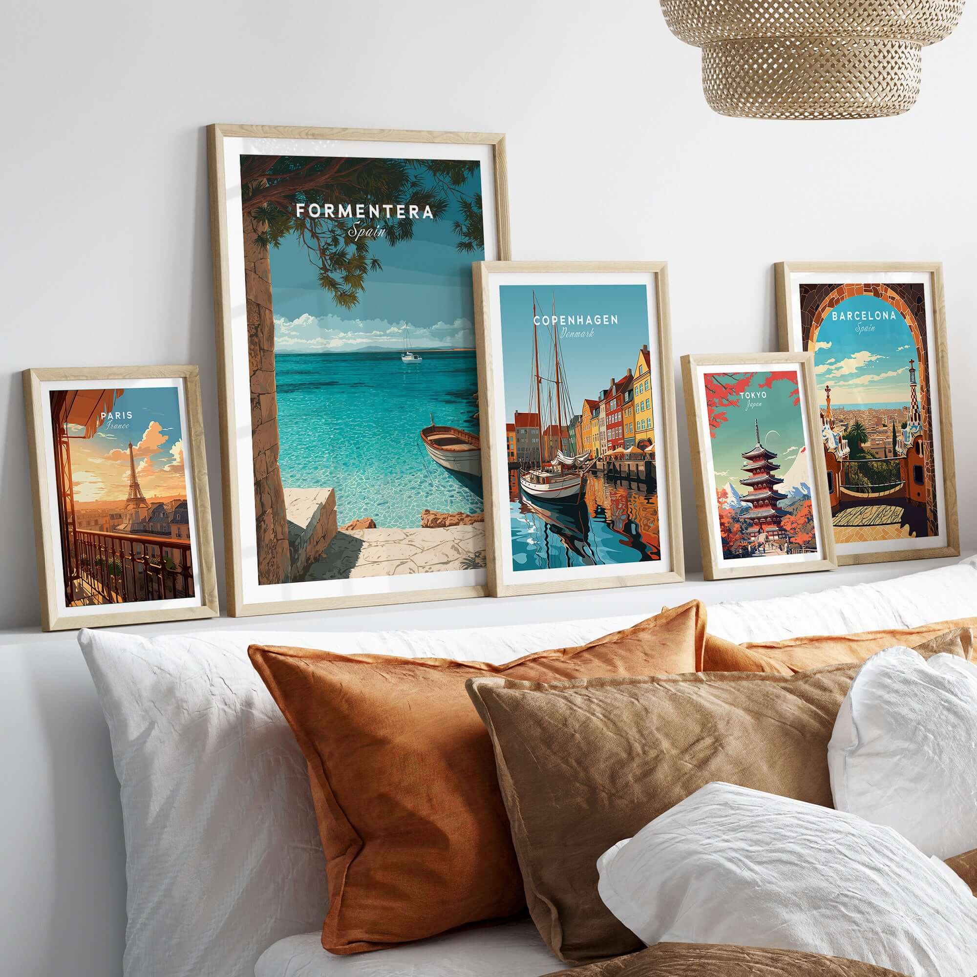 Formentera Balearic Island Seascape Print | Tranquil Coastal Decor displayed on wall above cozy sofa.