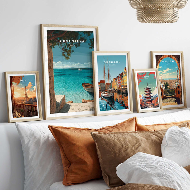 Formentera Balearic Island Seascape Print | Tranquil Coastal Decor displayed on a cozy living room wall.