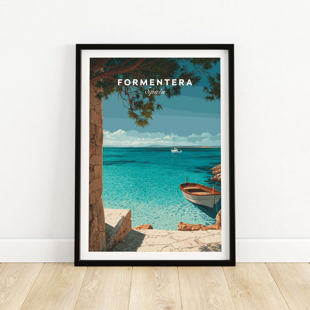 Formentera Balearic Island Seascape Print | Tranquil Coastal Decor showcasing a serene coastal view with a boat.