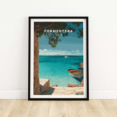 Formentera Balearic Island Seascape Print | Tranquil Coastal Decor showcasing serene waters and a peaceful boat.