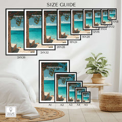Formentera Balearic Island Seascape Print | Tranquil Coastal Decor Size Guide displaying various frame sizes.