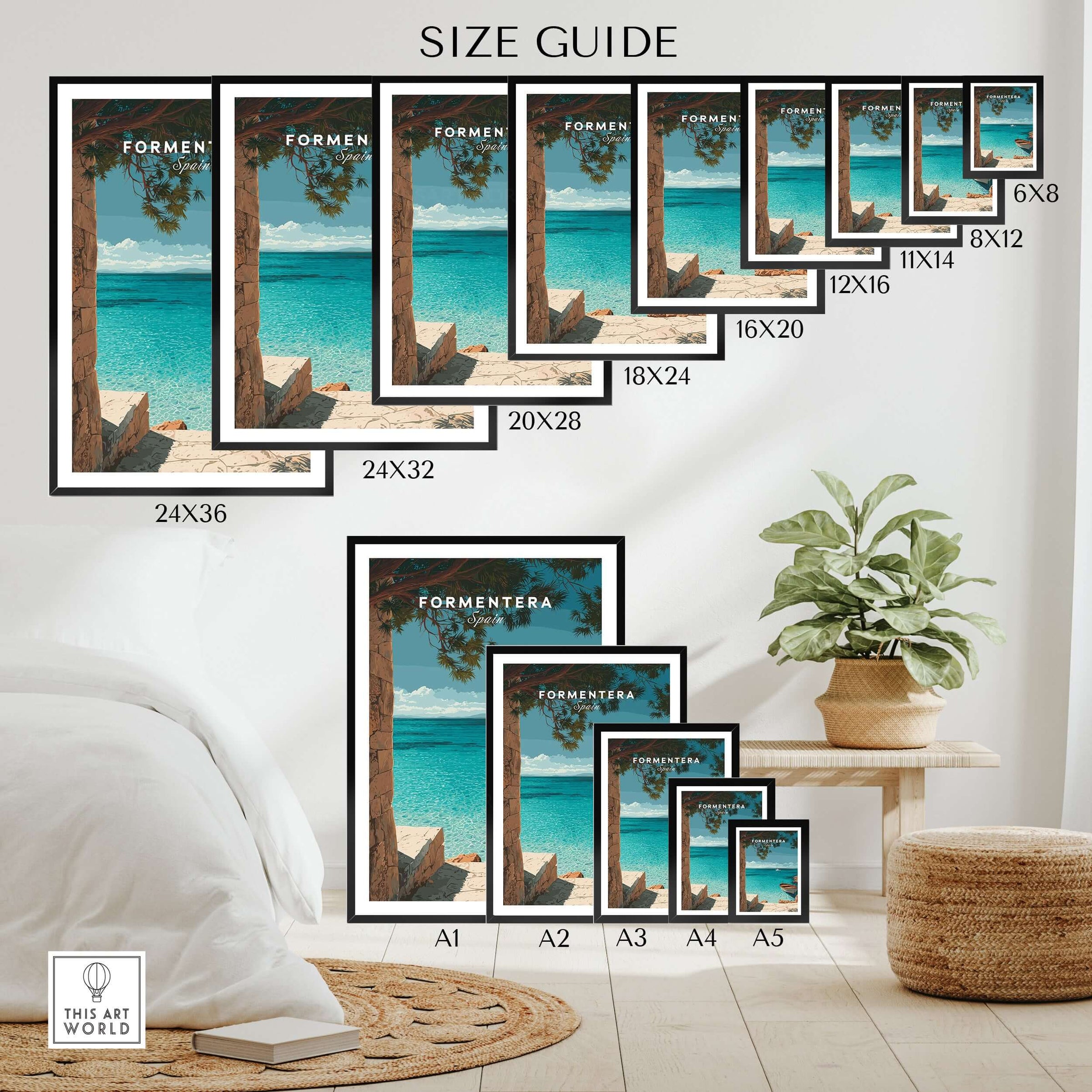 Formentera Balearic Island Seascape Print | Tranquil Coastal Decor Size Guide displaying various frame sizes.