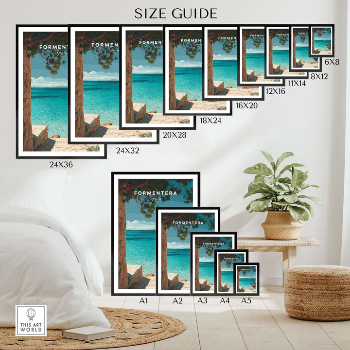Formentera Balearic Island Seascape Print | Tranquil Coastal Decor size guide displaying various frame sizes.