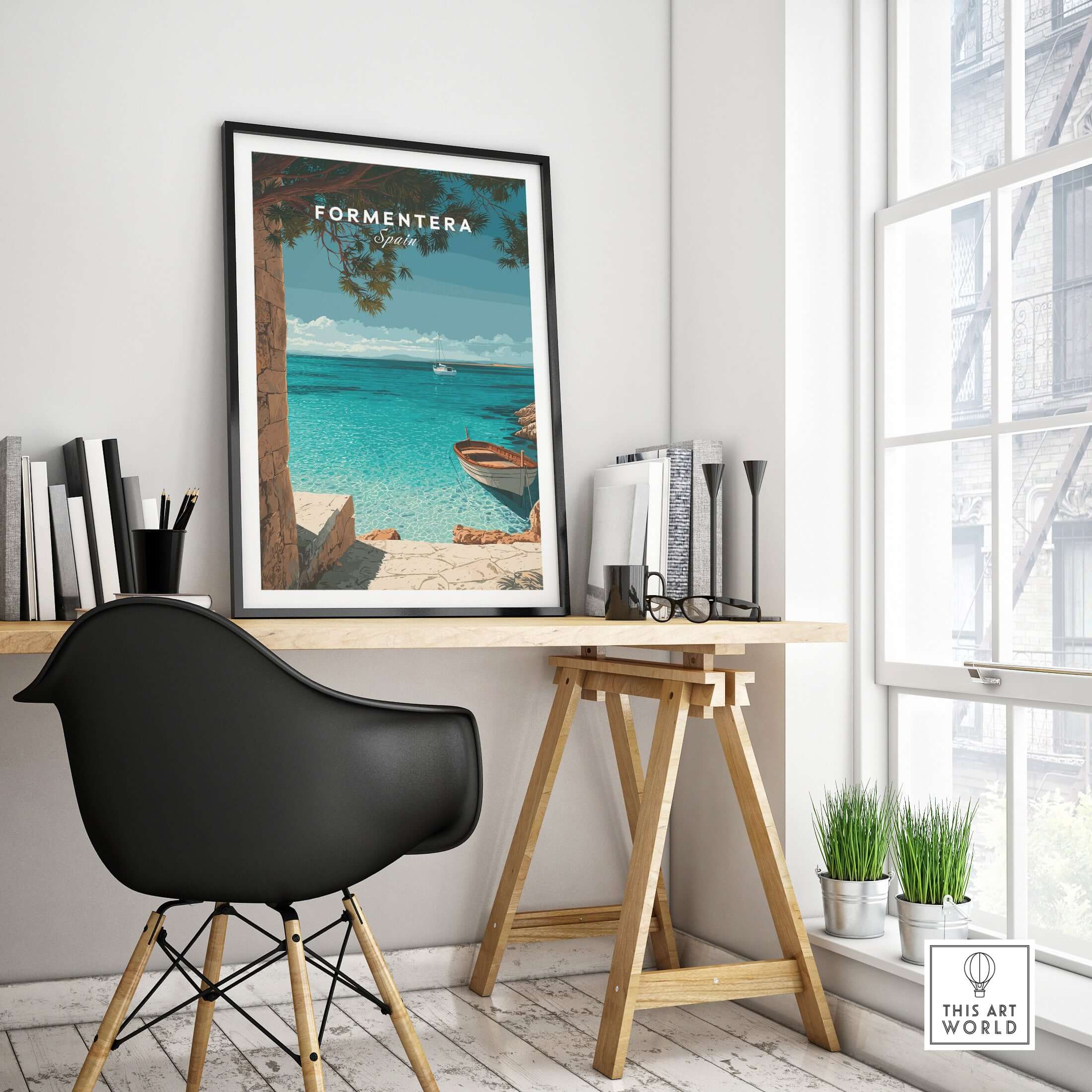 Formentera Balearic Island Seascape Print | Tranquil Coastal Decor displayed in a modern office setting.