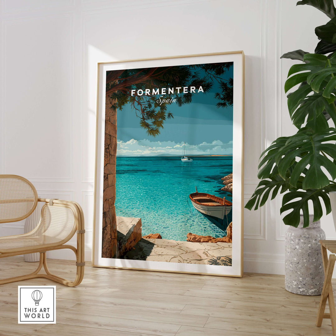 Formentera Balearic Island Seascape Print | Tranquil Coastal Decor showcasing serene blue waters and a boat.