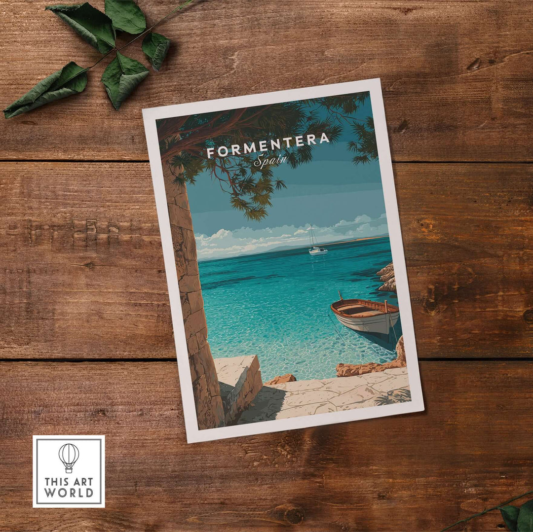 Formentera Balearic Island Seascape Print | Tranquil Coastal Decor showcasing serene turquoise waters and a boat on the shore.