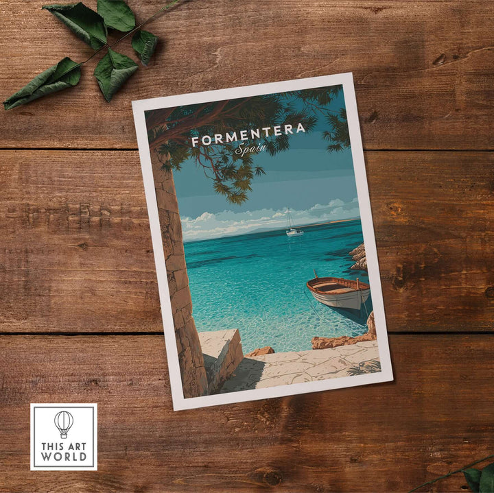 Formentera Balearic Island Seascape Print | Tranquil Coastal Decor showcasing serene turquoise waters and a boat on the shore.
